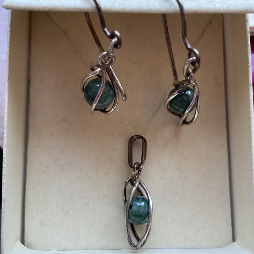 Vintage Sterling and Jade Pendant and Earring Set